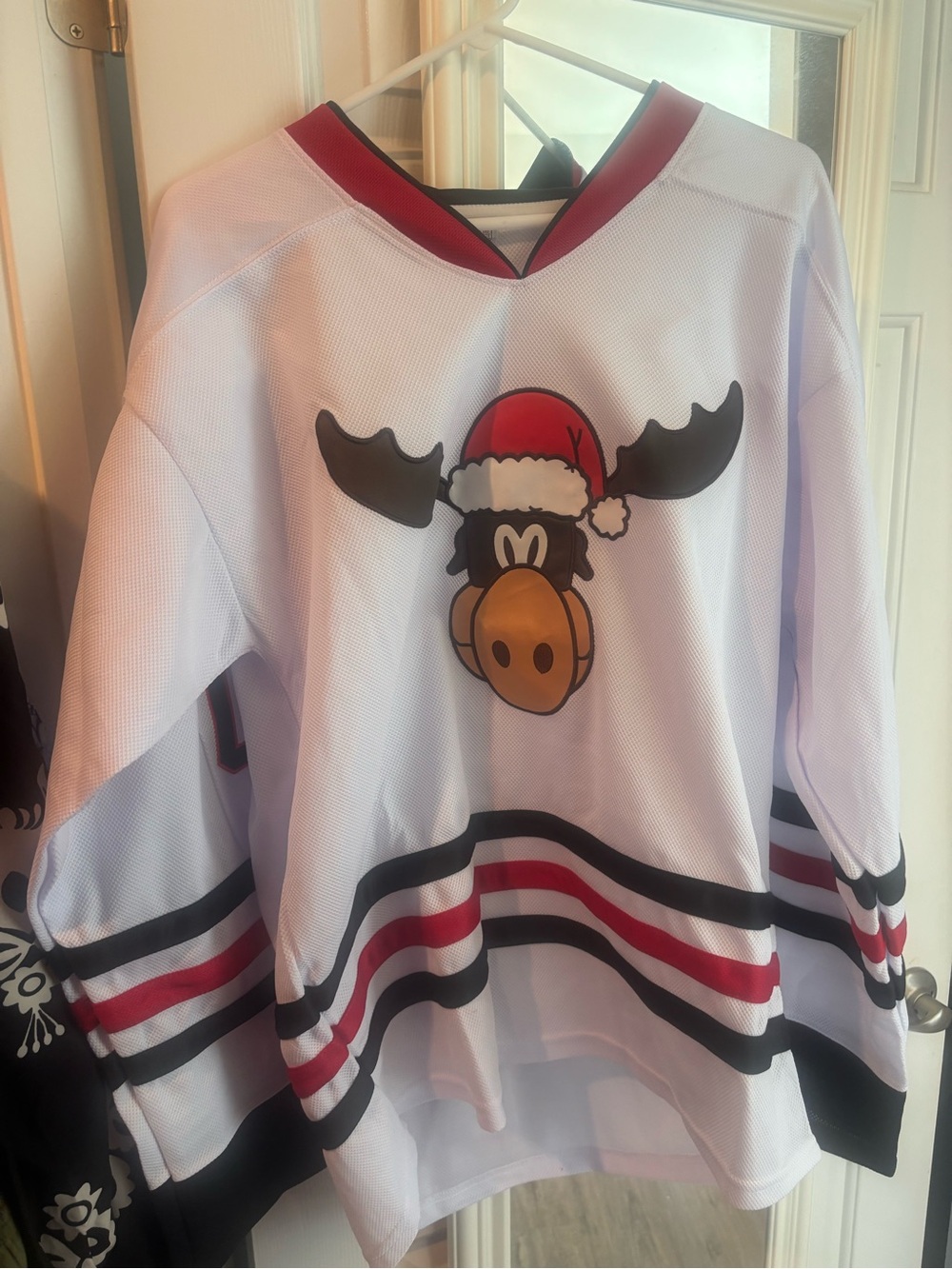 Christmas Vacation White Moose Hockey Jersey with Red Trim